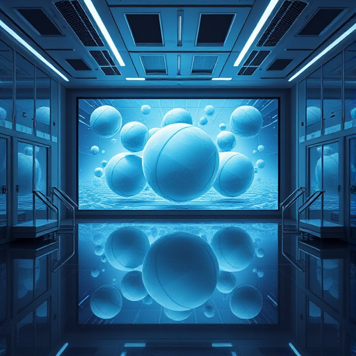 Create a futuristic interior scene with a large screen displaying spheres, use a wide-angle lens at f/8 aperture, ISO 200, shutter speed 1/60s, captured with a DSLR camera, in high dynamic range style, with soft lighting and reflections to enhance depth and clarity.