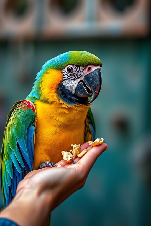 A vibrant parrot perched near a hand offering food, shot with a DSLR camera at f/2.8, 1/500 sec, ISO 200, with a shallow depth of field to blur the background, capturing the vivid colors and intricate details of the bird's feathers and the hand's texture.