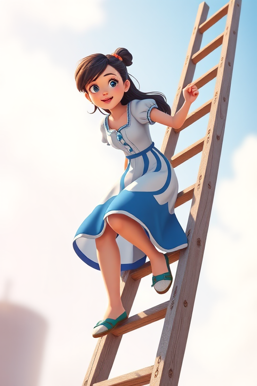 Create an animated image of a young woman in a blue and white dress climbing a wooden ladder, mid-action, with a bright color palette and high contrast, using a DSLR camera with a 50mm lens at f/2.8, ISO 100, and a soft focus background for depth.