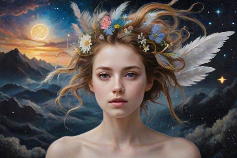 Create a series of imaginative portraits where each subject is infused with elements of fantasy and nature. The hair of the individuals should flow like clouds, varying from soft, fluffy cumulus to wispy cirrus strands, with hints of color reflecting a sunset or a clear blue sky. The eyes should be windows to entire galaxies, with stars, nebulae, and distant planets visible within them. Clothing should be adorned with nature motifs, such as floral patterns that bloom and change, vines that seem to grow and wrap around, or feathers that shimmer with iridescence. Each portrait should capture a unique personality, blending human features with the ethereal beauty of the natural and cosmic world. The backgrounds can vary, from starry night skies to enchanted forests, adding depth and context to the magical realism of the portraits