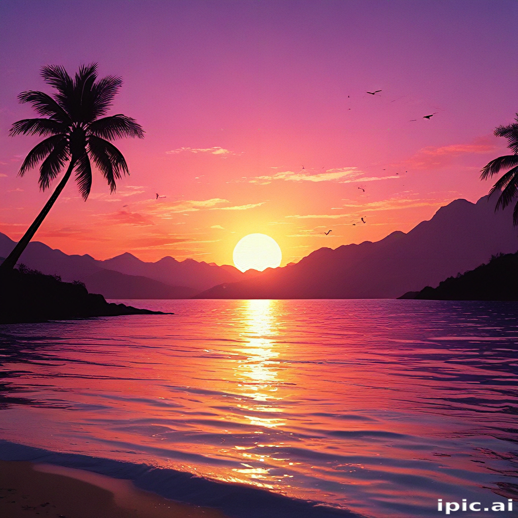 A Tranquil Sunset Over Serene Waters Surrounded by Majestic Mountains ...