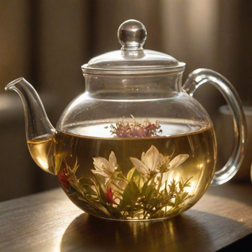 Warmly lit, close-up photo of a glass teapot with loose-leaf tea steeping, steam rising gently, with soft light reflecting off the glass, and delicate floral patterns on a nearby porcelain cup.