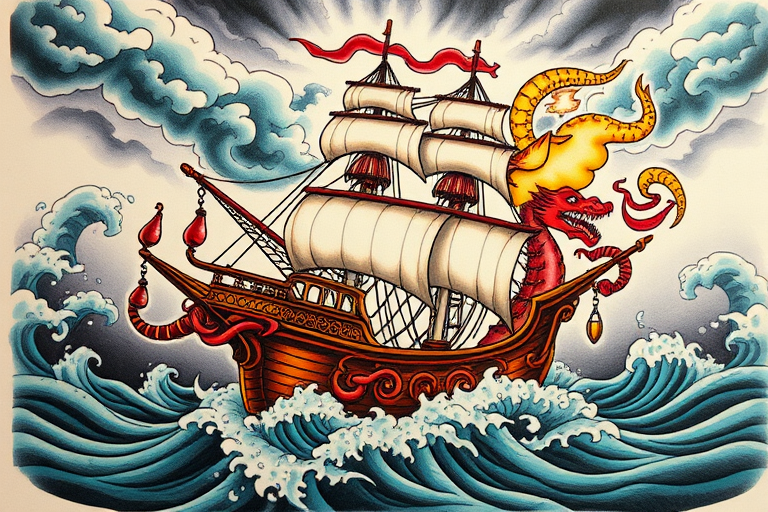 Neo-traditional ship tattoo with bold outlines and vibrant colors, incorporating mythical sea creatures and stormy skies to create a dynamic and visually striking nautical scene