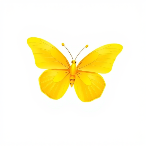 Generate an image of a bright yellow butterfly with smooth, shiny wings. The butterfly should have a simple and clean design, emphasizing its vibrant color and elegant shape. The wings should be slightly raised to give a sense of movement, and the body should be small and delicate.