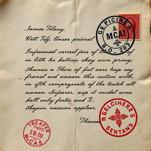 Create an artistic reproduction of an old letter with faded writing and vintage stamps, using a Canon EOS R camera with 50mm lens, aperture f/2.8, ISO 100, natural lighting, shallow depth of field to emphasize texture.