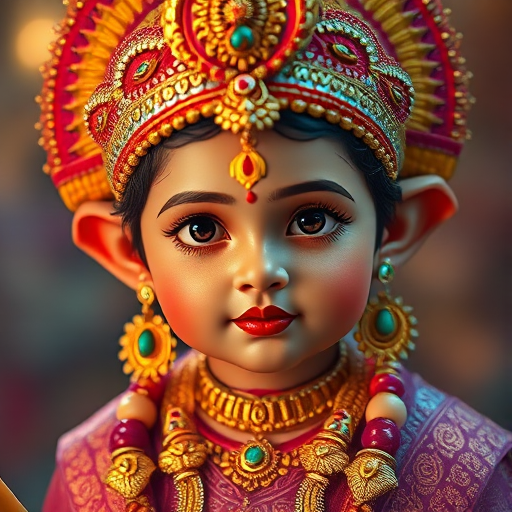 Generate a high-resolution image of a divine child deity with intricate jewelry and colorful attire, captured in soft focus with a Canon EOS R5, 50mm lens, f/1.8 aperture, ISO 100, using vibrant colors and a glowing background effect.
