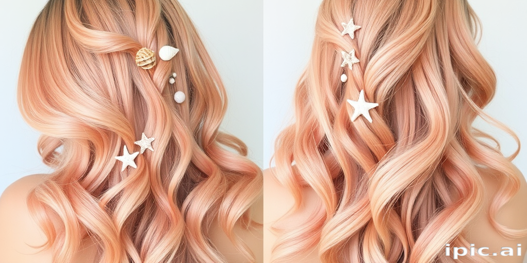 Ethereal pastel peach to soft coral ombre styled in loose beachy waves, adorned with delicate seashells and starfish for a mermaid-inspired look