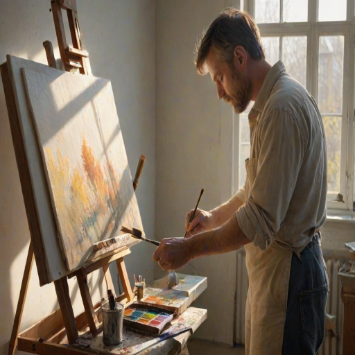 Sharp, detailed image of a painter at work in a sunlit studio, brush strokes on a canvas in progress, sunlight streaming through the windows, soft shadows cast by the easel, the smell of paint and turpentine lingering in the air.