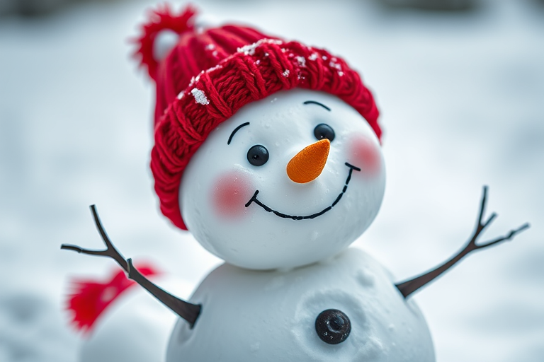 Create a whimsical snowman with a joyful expression wearing a red knitted hat, set in a snowy landscape, captured with a Canon EOS R5, aperture f/2.8, shutter speed 1/200 sec, ISO 100, in a shallow depth of field for a soft background blur.