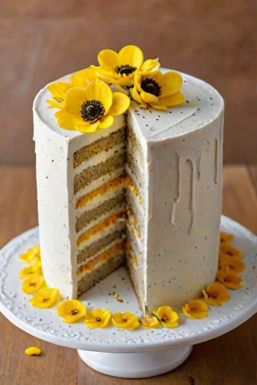 Create an image of a beautifully layered vanilla cake with poppy seeds, topped with a smooth buttercream frosting. Decorate the top with bright yellow edible flowers and a subtle sprinkle of poppy seeds. Show a slice cut out, revealing the layers inside.