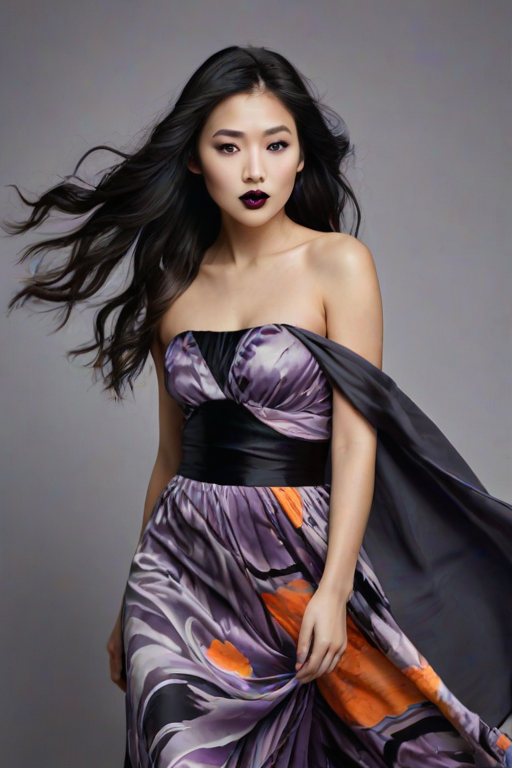 Photographic image of a beautiful young Ainu woman, brown eyes, lips with black lipstick, long hair fluttering in the wind and wearing a silk strapless dress with a soft purple and orange print. monochrome image with only color highlights in the iris of the eyes, lipstick and dress. Gray background.