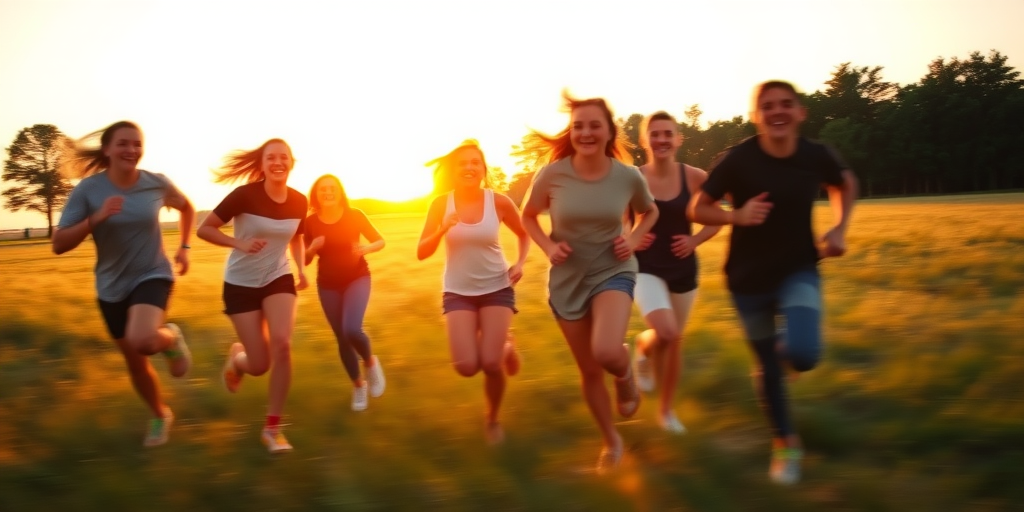 Blurry, fast-paced image of a group of teenagers running through a field at sunset, laughter frozen in the moment, the golden light of the setting sun casting long shadows, soft breeze rustling the grass, distant trees silhouetted against the sky.