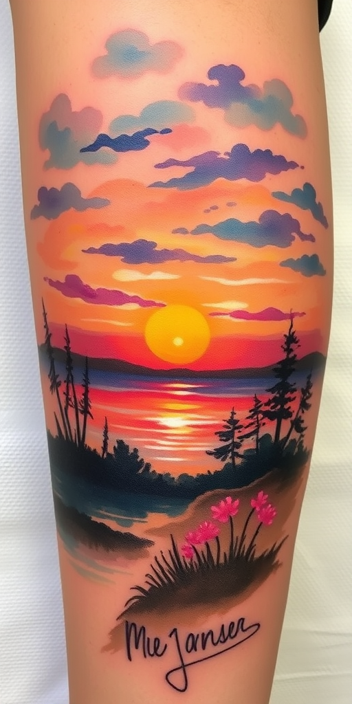 Painterly tattoo named "Impressionist Dawn" recreating a sunrise landscape in the style of Monet, with soft, blended colors and visible brushstrokes to capture the essence of light and atmosphere