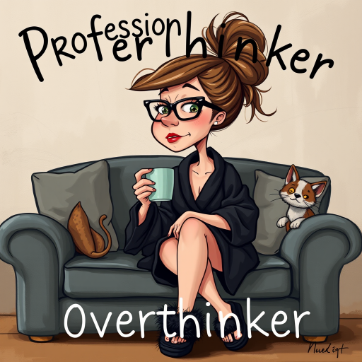 The words ‘Professional Overthinker’ (exact spelling) An exaggerated whimsical illustration of a cute silly lady with unruly messy brown bun and black glasses pouty lips and a thinking expression. Shes sitting on the couch, legs folded wearing a black silk robe, black fuzzy slippers. She’s holding her coffee cup and making a deep-in-thought face.  A quirky scruffy cat (dog) looking at her against a mottled, oil painting style soft background living room setting.