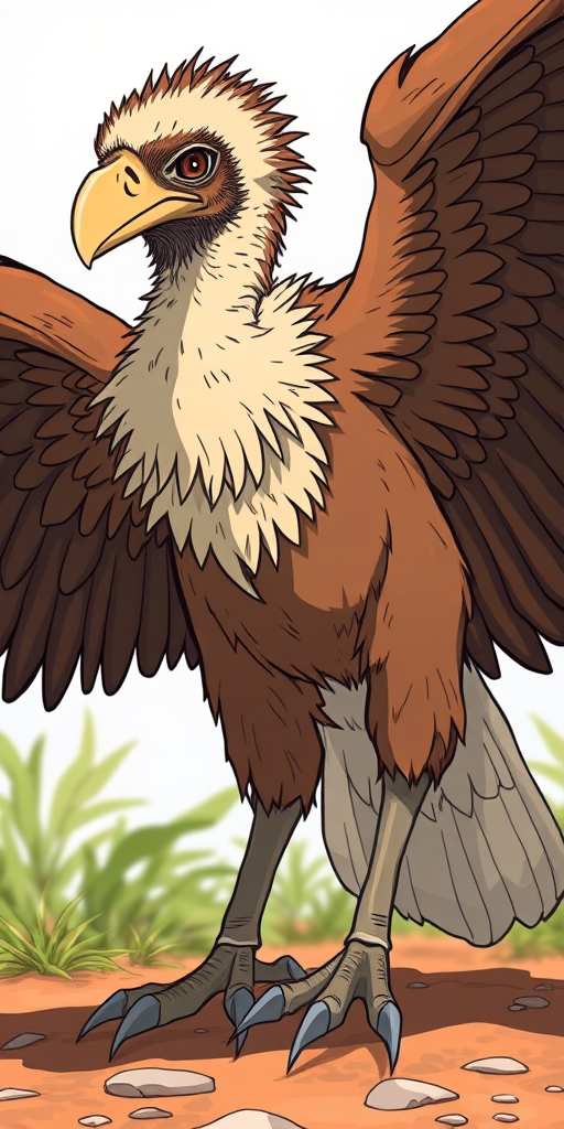 create a detailed illustration of a large, stylized bird-like creature with a vulture's head and feathers in a mix of browns and creams, imagine it in a dynamic pose with one wing slightly raised and sharp talons, captured from a low angle using a DSLR camera with a 50mm lens, aperture set to f/2.8 for a shallow depth of field, high saturation and contrast to enhance colors, shooting in natural light for a vibrant effect.