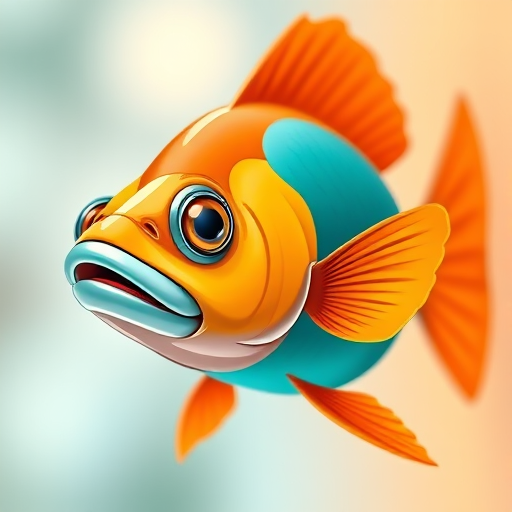 Create a vibrant illustration of a stylized fish with orange and teal colors, captured with a DSLR camera at f/8 aperture, 24mm focal length, in bright natural lighting, using a macro lens for enhanced detail.