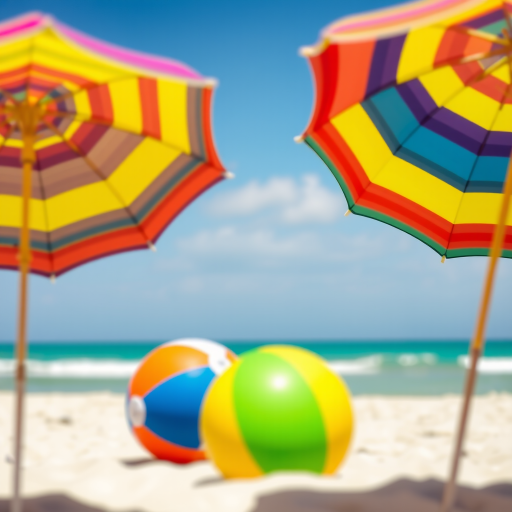 A vibrant beach scene featuring two colorful umbrellas and a beach ball, captured with a DSLR camera, 50mm lens, f/8 aperture, 1/200 sec shutter speed, bright daylight, and a slight tilt-shift effect for enhanced depth.