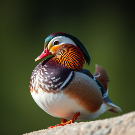 Capture a close-up of a Mandarin duck perched on a rock with a blurred green background, using a DSLR camera with a 50mm lens, aperture f/2.8 for shallow depth of field, ISO 100 for optimal clarity, and natural lighting to enhance colors and details.