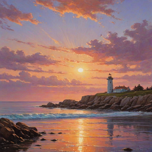 Generate an image of a tall lighthouse perched on a rocky outcrop surrounded by calm ocean waters during a breathtaking sunset. The lighthouse stands sturdy and weathered, its stone surface illuminated by the warm golden light of the setting sun. The sun's rays pass directly through the glass lantern room at the top of the lighthouse, casting a brilliant light across the scene. The sky is painted with vibrant shades of orange, pink, and purple, reflecting off the tranquil sea. The surrounding water shimmers with the same warm hues, creating a serene and majestic atmosphere.