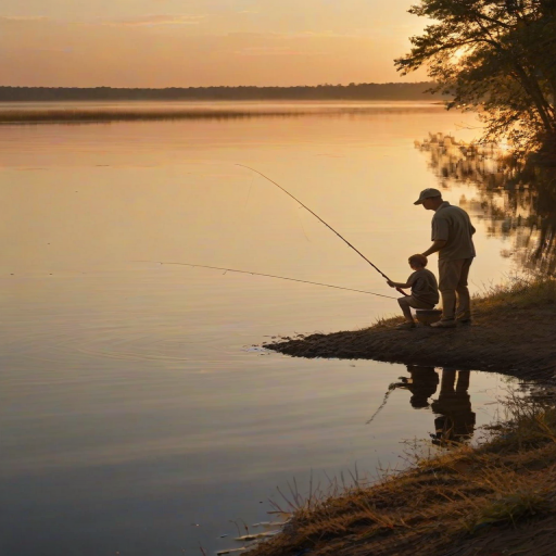 Warmly lit image of a father teaching his child how to fish at dawn, soft glow from the early morning sun reflecting off the water, fishing poles in hand, distant birds flying overhead, and the sound of water lapping at the shore.