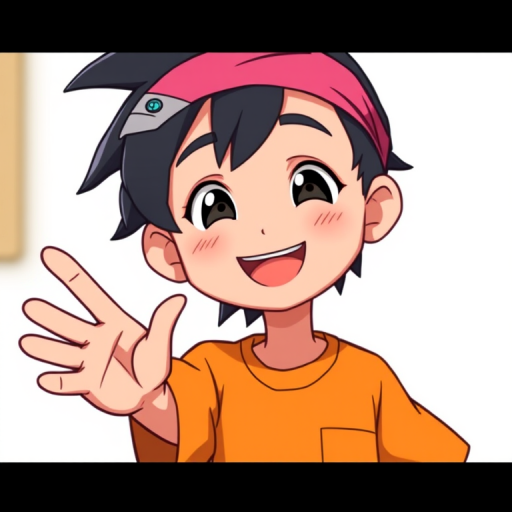 Create a high-resolution digital illustration of a cartoon character with black hair and a pink headband, wearing an orange shirt, smiling and gesturing with one hand, using a 50mm lens, f/4 aperture, ISO 100, soft lighting for even tone, and a slightly blurred background to enhance focus on the character.
