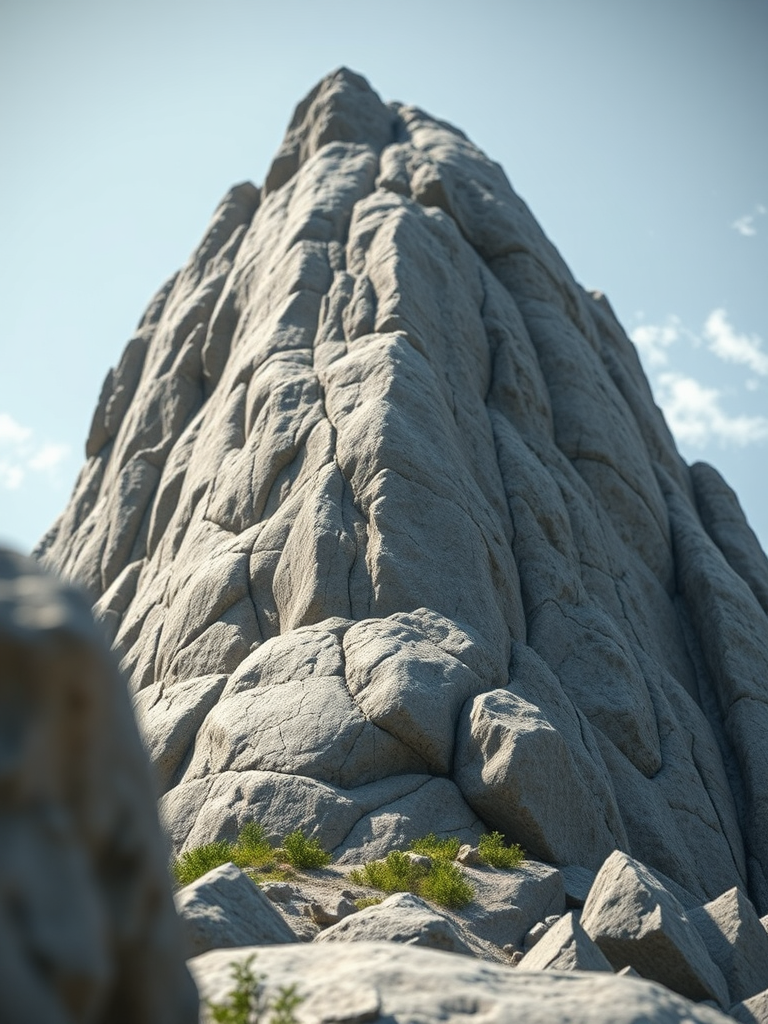 Create a highly detailed 3D rendering of a large rock formation, natural lighting, photorealistic texturing, camera type: DSLR, camera settings: aperture f/8, ISO 100, shutter speed 1/250s, camera view: low angle shot, style: macro photography.