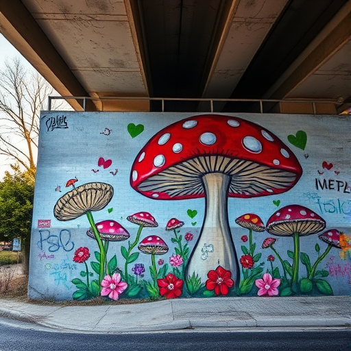 Capture a vibrant graffiti mural featuring a large red and white mushroom alongside whimsical trees and flowers under an overpass, shot with a DSLR camera at f/5.6, ISO 100, 1/250s, using a wide-angle lens, natural light, and in HDR style to enhance colors and details.