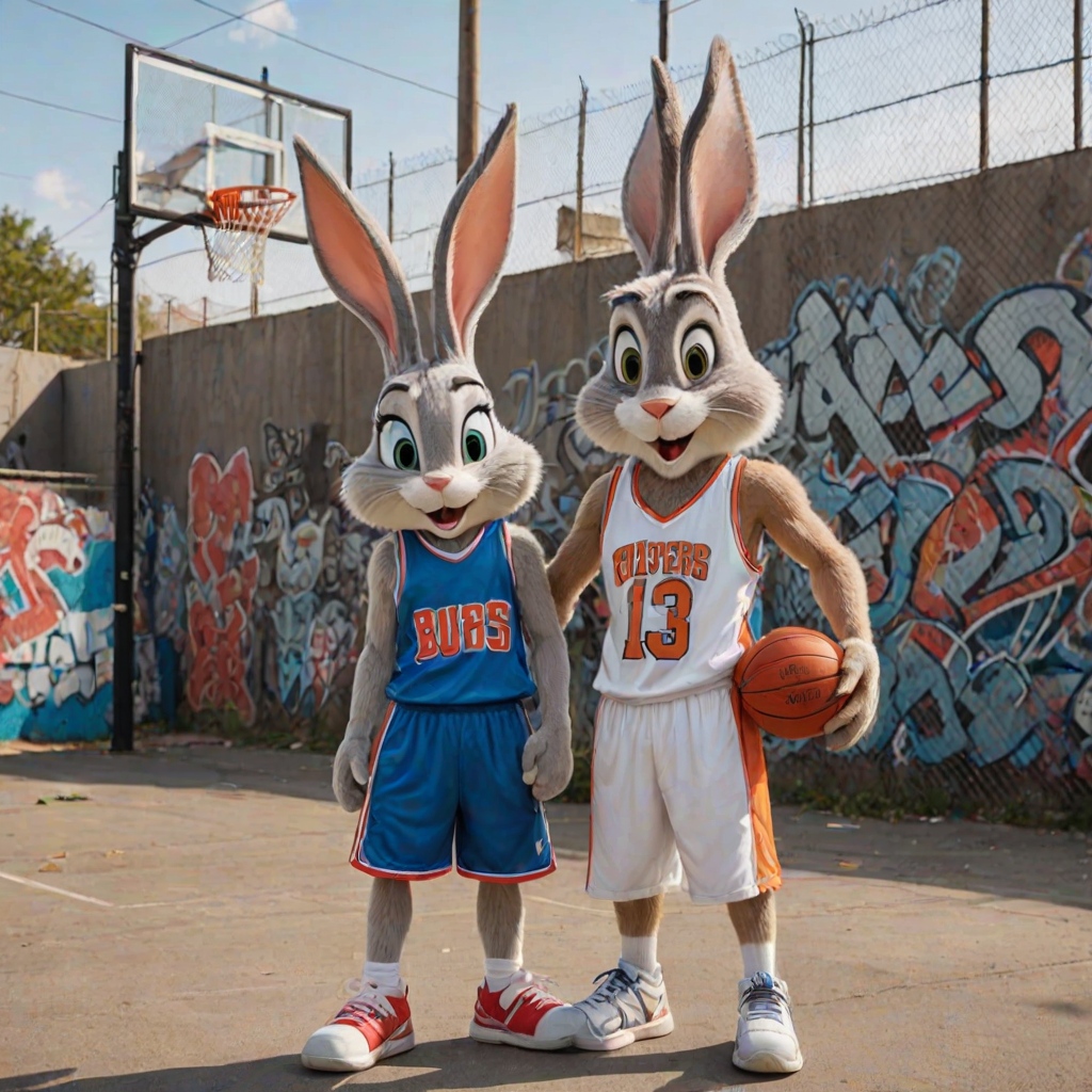 Design an Above the Rim poster featuring Bugs Bunny as Kyle and Lola Bunny as Shep. Bugs is dressed in a basketball jersey and shorts, holding a basketball with a confident expression, while Lola stands beside him in athletic gear, looking determined. The background features an urban basketball court with a wire fence, streetlights, and graffiti. The title "Above the Rim" appears in bold red letters at the top, keeping the original street basketball vibe