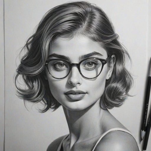 Alluring Taylor Hill, pencil sketch, portrait of Wonderful woman 1949s in glasses, hair style beatnik, outline, clear lines, fine lines, 8k