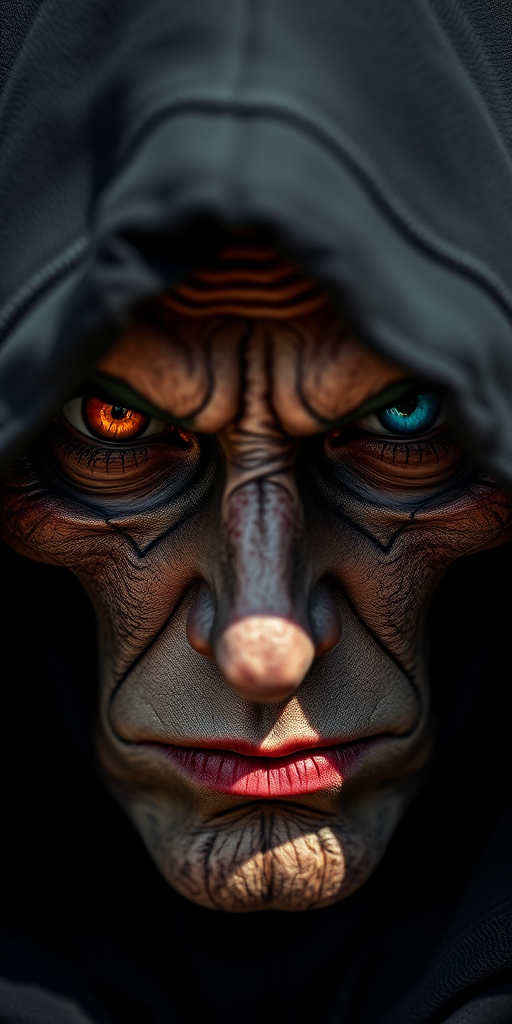 Create a highly detailed portrait of a sinister, hooded figure with one orange eye and one blue eye, showcasing intricate facial features and textures, using a shallow depth of field, shot with a Canon EOS R5 at f/1.8, 50mm lens, natural lighting for dramatic shadows.
