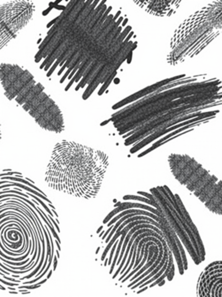 create a high-resolution image of a grid pattern featuring various black and gray fingerprint-like smudges on a white background, use a DSLR camera with a 50mm lens, aperture set to f/2.8, ISO 100, and a shallow depth of field to enhance texture and contrast, shot from a flat overhead angle.