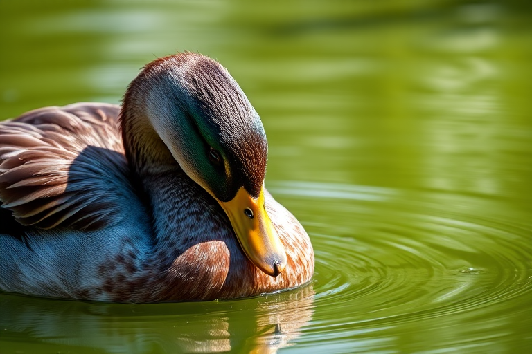 A close-up of a duck preening on a serene green pond, natural lighting, shallow depth of field, 50mm lens at f/2.8, ISO 100, shutter speed 1/200s, DSLR camera, vibrant colors and sharp details.