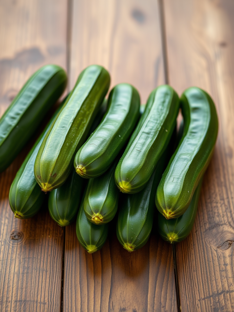 regenerate the image of multiple fresh cucumbers arranged aesthetically on a wooden surface, captured with a Canon EOS R5, 50mm lens, aperture f/2.8, ISO 200, natural lighting to enhance colors and texture