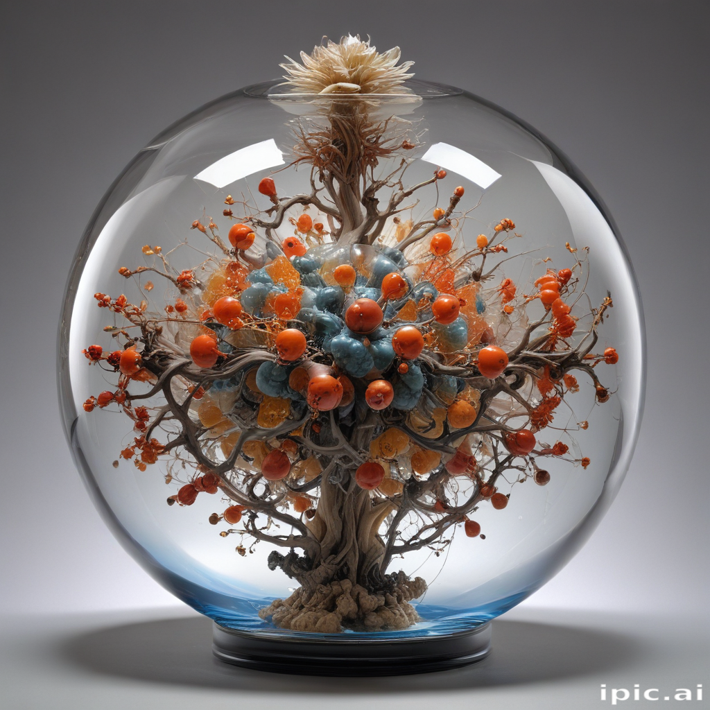Intricate Glass Sculpture of a Vibrant Tree with Colorful Orbs