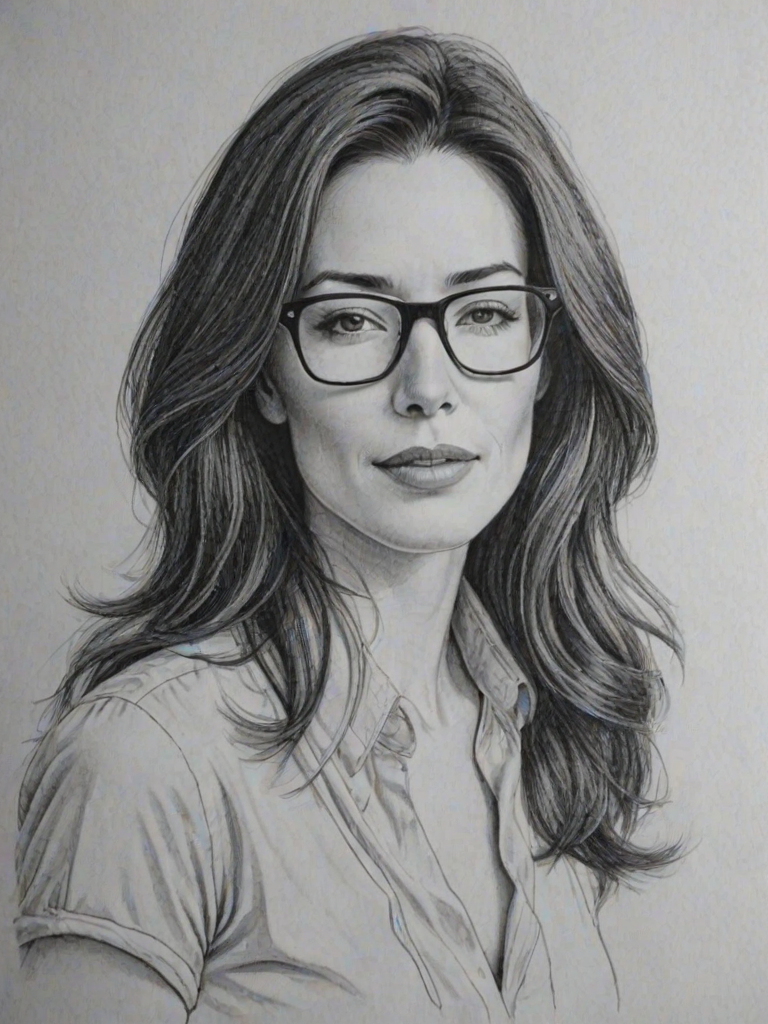 Gorgeous Jaime Murray, pencil sketch, portrait of Wonderful woman 1975s in glasses, hair style beatnik, outline, clear lines, fine lines, 8k