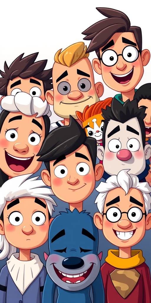 create a vibrant vector-style illustration of diverse cartoon characters with expressive faces, use 50mm lens, f/4 aperture, 1/100s shutter speed, shot in soft studio lighting with high contrast, focus on sharp details and vivid colors