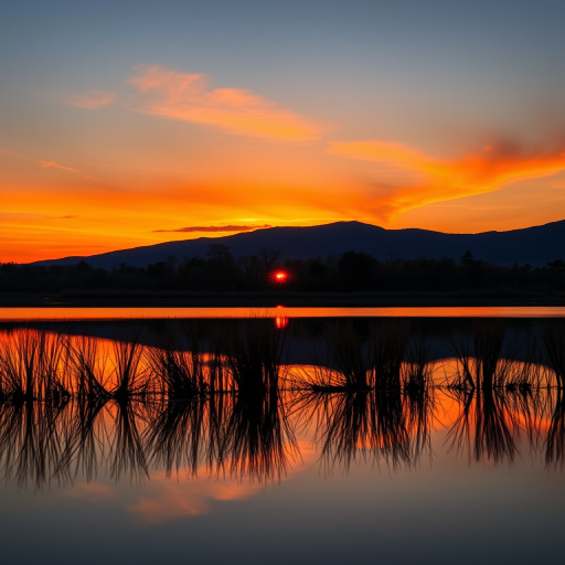 Create a high-resolution image of a serene sunset over a calm lake, using a 24mm lens at f/8, ISO 100, and a shutter speed of 1/60 sec, in landscape orientation with a focus on vibrant colors and reflections, captured with a DSLR camera.