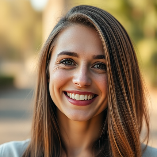 Regenerate the image of a smiling woman with long hair, soft lighting, close-up view, DSLR camera, aperture setting f/2.8, ISO 100, 50mm lens, natural background.