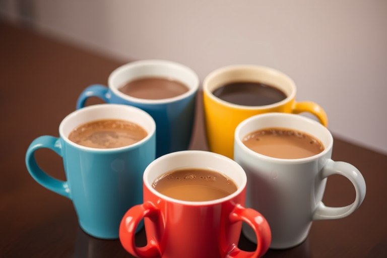 five colorful mugs in a circular arrangement with hot beverages inside, soft focus background, studio lighting, camera type: DSLR, aperture: f/8, shutter speed: 1/60, ISO: 100, lens: 50mm prime, focal length: 50mm