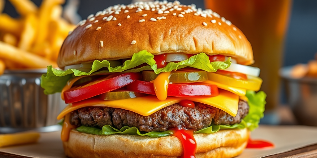 High-resolution, close-up image of a gourmet double cheeseburger. The burger features a glossy, sesame-seed-topped brioche bun. Inside, there are two thick, juicy beef patties, each topped with melted cheddar cheese. The burger is garnished with fresh lettuce, tomato slices, diced onions, and pickles. A generous amount of ketchup and a creamy, orange-colored sauce is dripping down the sides, adding to the mouth-watering appeal. In the background, there are blurred elements including a side of golden French fries and a hint of a beverage, enhancing the overall presentation of a delicious meal.