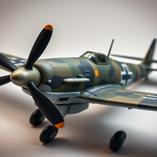 Generate a detailed illustration of a World War II German aircraft, emphasizing the camouflage paint scheme and distinctive markings, using a Canon EOS R5 camera with a 50mm f/1.2 lens, wide aperture for sharp focus, in a studio setting with soft diffused lighting to enhance texture and color vibrancy.