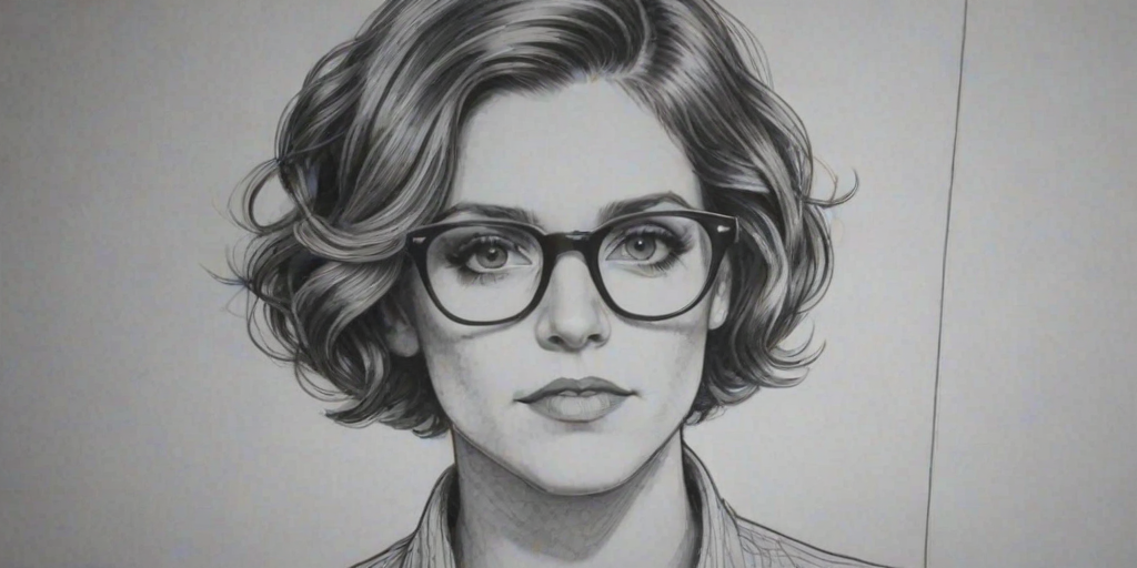 Superb Cameron Esposito, pencil sketch, portrait of Captivating woman 1926s in glasses, hair style beatnik, outline, clear lines, fine lines, 8k