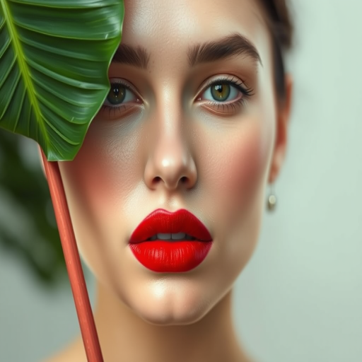 Create a minimalistic line art image of a face with a tropical leaf covering part of it, featuring bold red lips, captured in a soft focus style using a Canon EOS R5, 50mm f/1.2 lens, f/2.8 aperture, and natural light, with a high dynamic range to enhance colors and details.