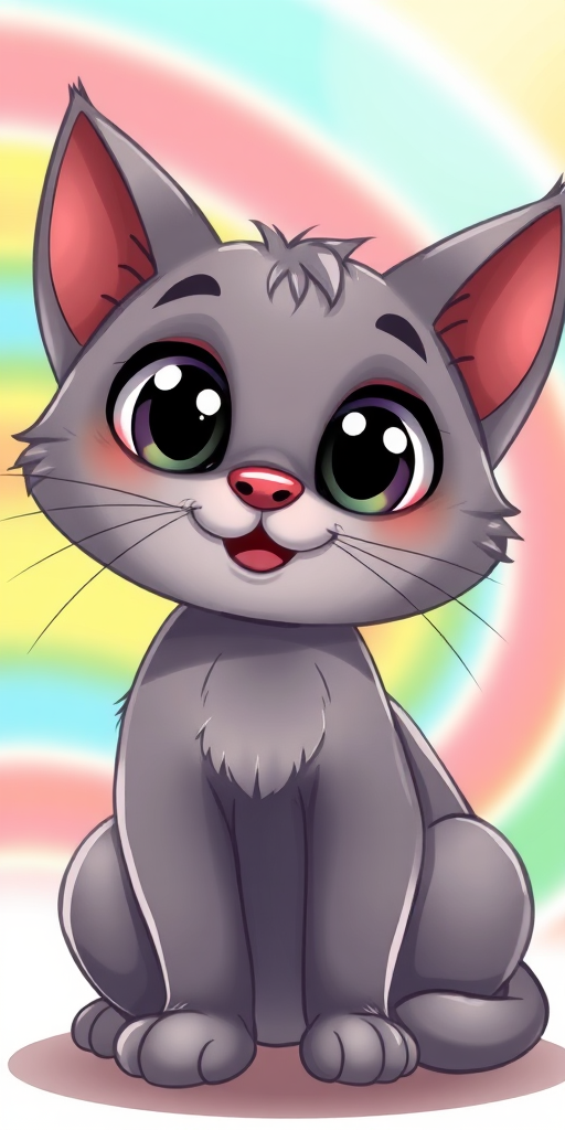 Create a cartoon-style illustration of a cute, gray cat with large expressive eyes, sitting with a playful posture, in a bright and colorful background, using a digital art style with 300 DPI resolution, a 35mm lens for a slight depth of field effect, and soft lighting to enhance details.