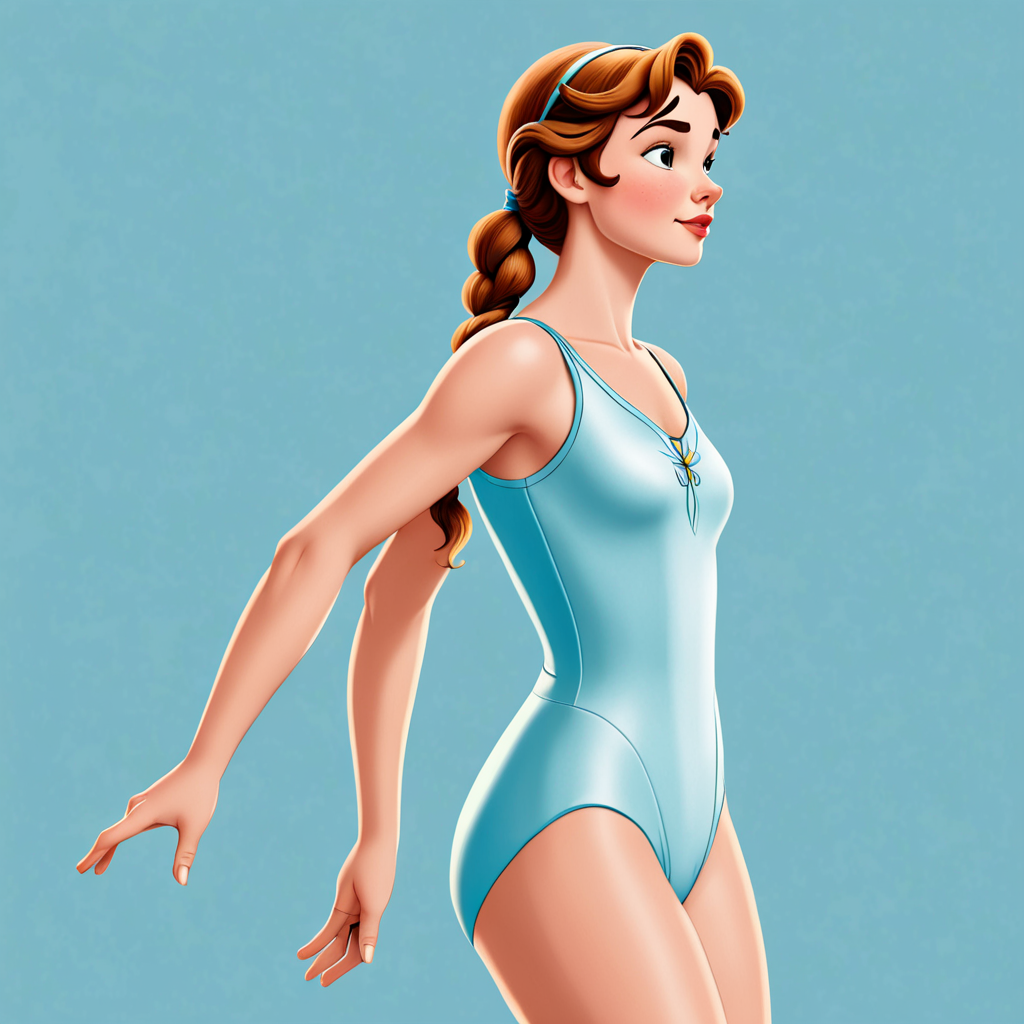 Free Ai Image Generator - High Quality and 100% Unique Images - iPic.Ai Wendy  Darling fron cartoon Peter Pan walks in light blue harem leotard. Profile  view. Flat colors. Monochrom background.