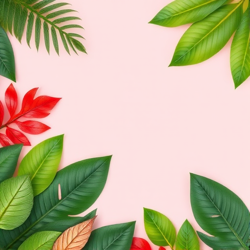 tropical foliage border with soft pastel background, high resolution, f/2.8 aperture, 35mm lens, shot in natural light, using a DSLR camera, top-down view, vibrant colors