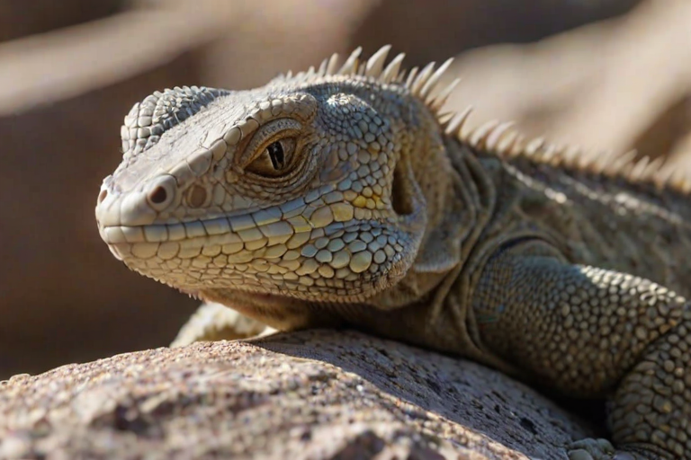 Generate a close-up image of a textured lizard resting on a rocky surface with soft natural lighting.
