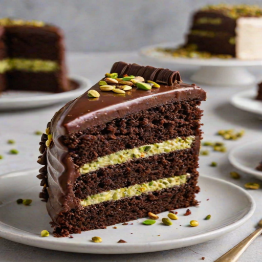 Generate an image of a slice of chocolate cake with a rich, glossy chocolate frosting, layered with a creamy filling and sprinkled with chopped pistachios around the edges. The cake should appear moist and fluffy, showcasing its texture and layers. The background should be soft and blurred to emphasize the cake.
