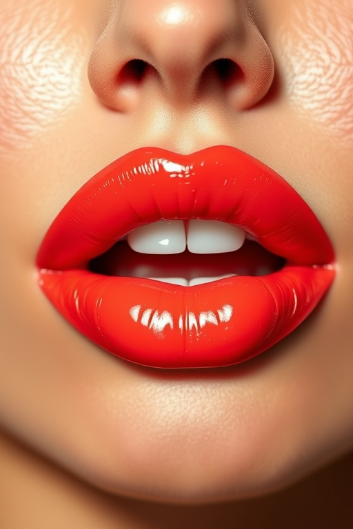 Vibrant coral-red lips with a glossy finish, showcasing a plump and full appearance, expertly lined for a perfect shape, reflecting light for a luscious and inviting look