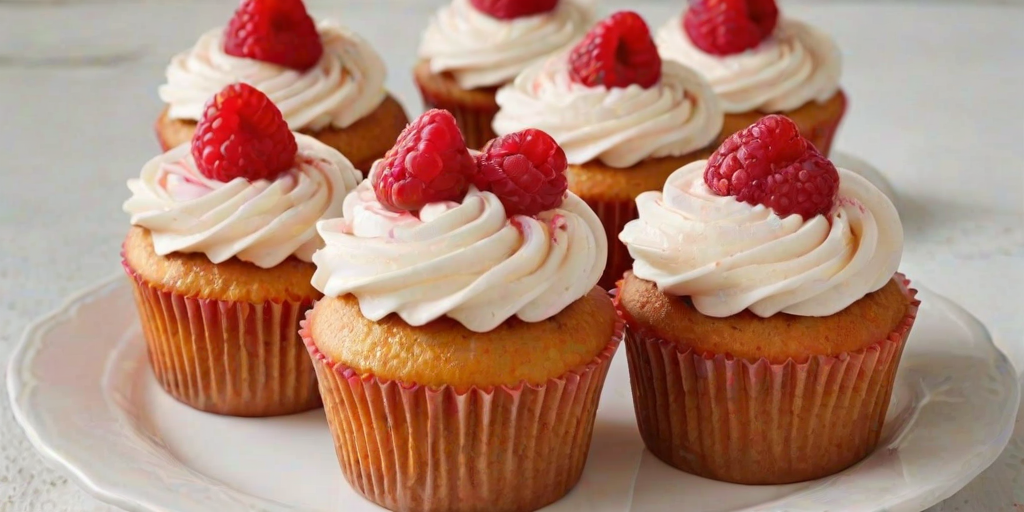 Generate an image of delicious cupcakes topped with swirls of creamy frosting and fresh raspberries. The cupcakes should have a light golden color and be decorated with raspberry sauce drizzled on top. Surround the cupcakes with more fresh raspberries for a vibrant and appetizing presentation.